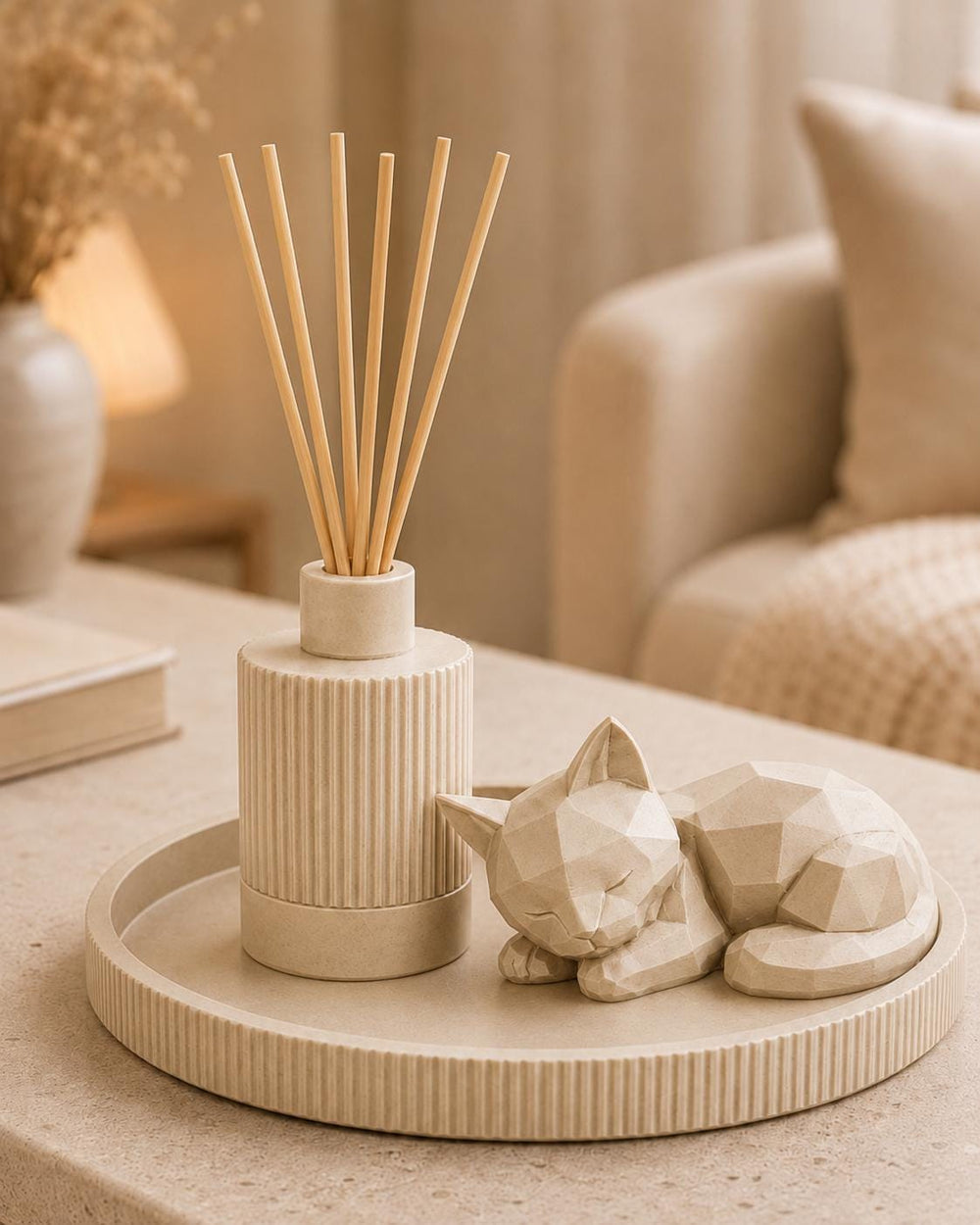 Gift Set Home Decor | Round Decorative Tray, Reed Diffuser & Sleeping Cat Statue | Coffee Table and Gifts