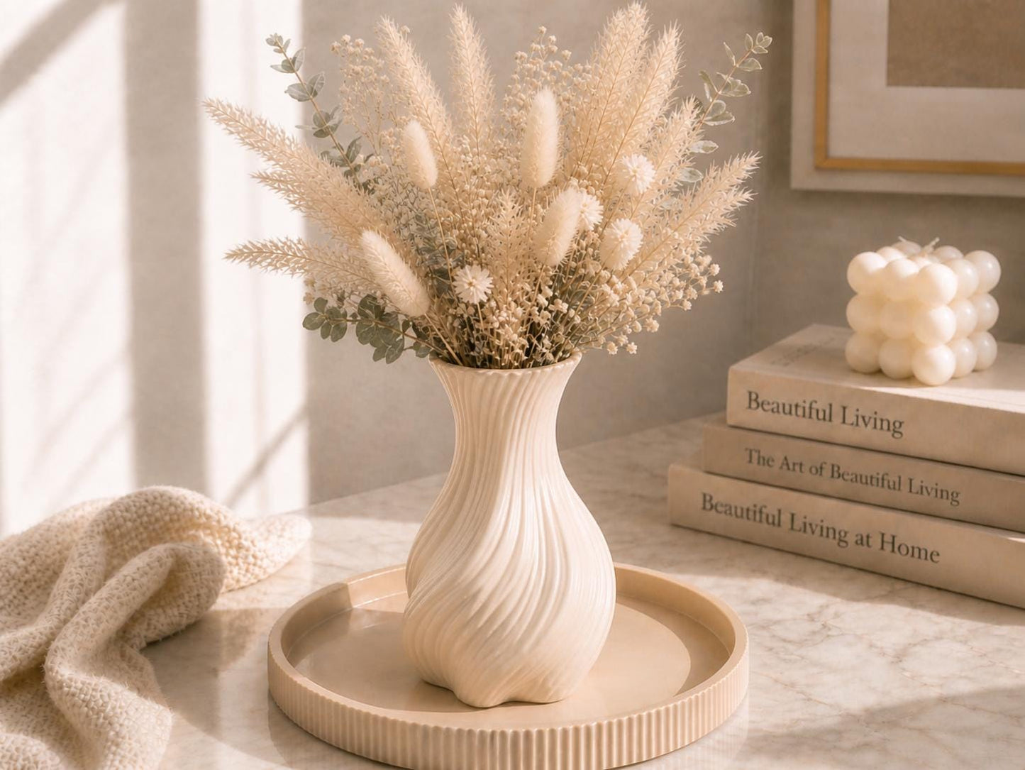 Ribbed Vases & Tray Set | Neutral Summer Flower Arrangement | Coffee Table Centrepiece | Minimalist Home Decor Gift