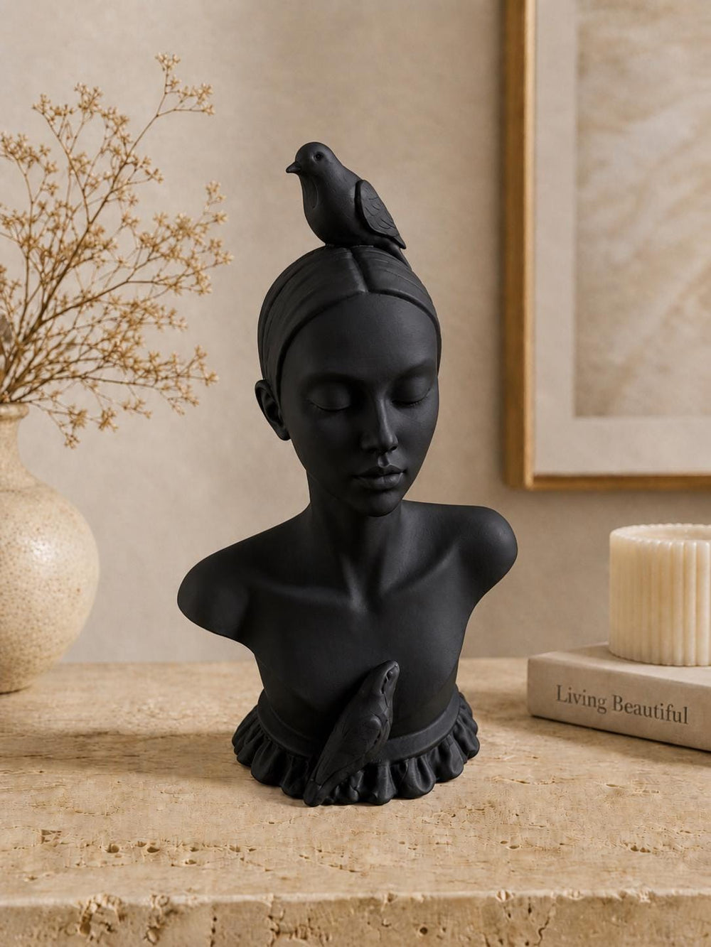 Boho Goddess Female Statue with Bird | Minimalist Woman Sculpture | Feminine and Neutral Home Accent