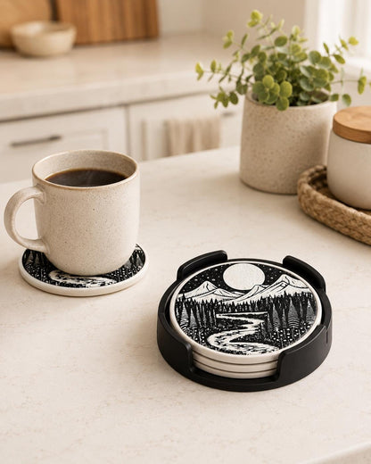 Round Coaster Set with Holder | Mountain Landscape Drink Coasters | Nature Home Decor Gift