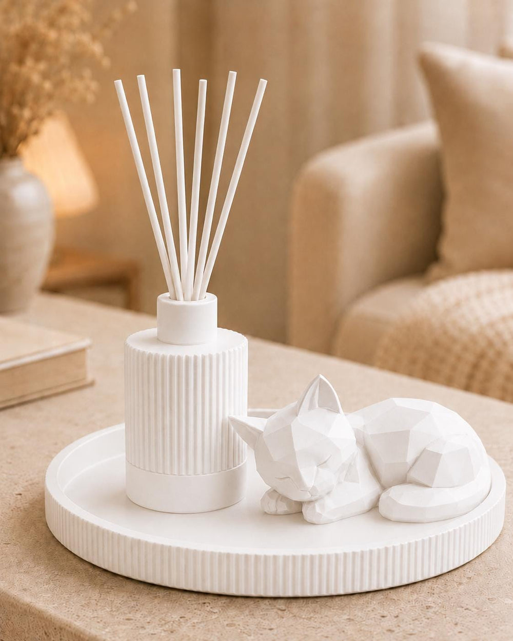 Gift Set Home Decor | Round Decorative Tray, Reed Diffuser & Sleeping Cat Statue | Coffee Table and Gifts