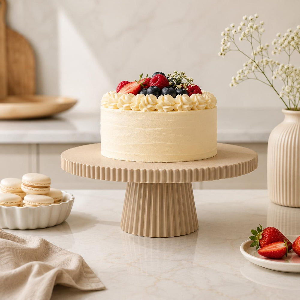 Ribbed Cake Stand | Modern Pedestal Display Tray | Dessert Stand | Kitchen Counter Decor | Serving Platter for Cakes | Fruit & Snacks