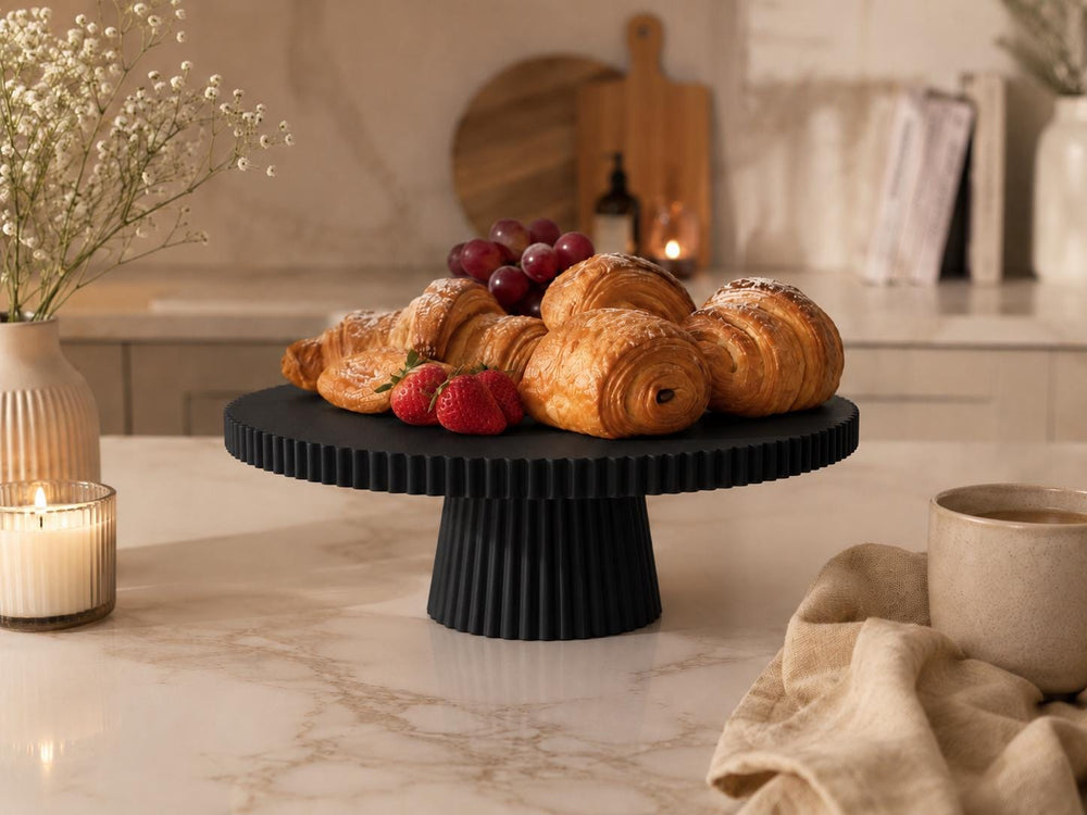Ribbed Cake Stand | Modern Pedestal Display Tray | Dessert Stand | Kitchen Counter Decor | Serving Platter for Cakes | Fruit & Snacks