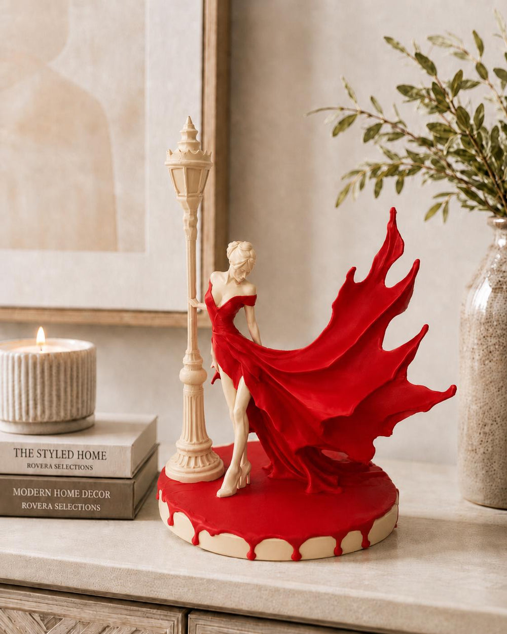 Romantic Lady Statue | Red Dress Woman Figurine | Elegant Home Decor Sculpture