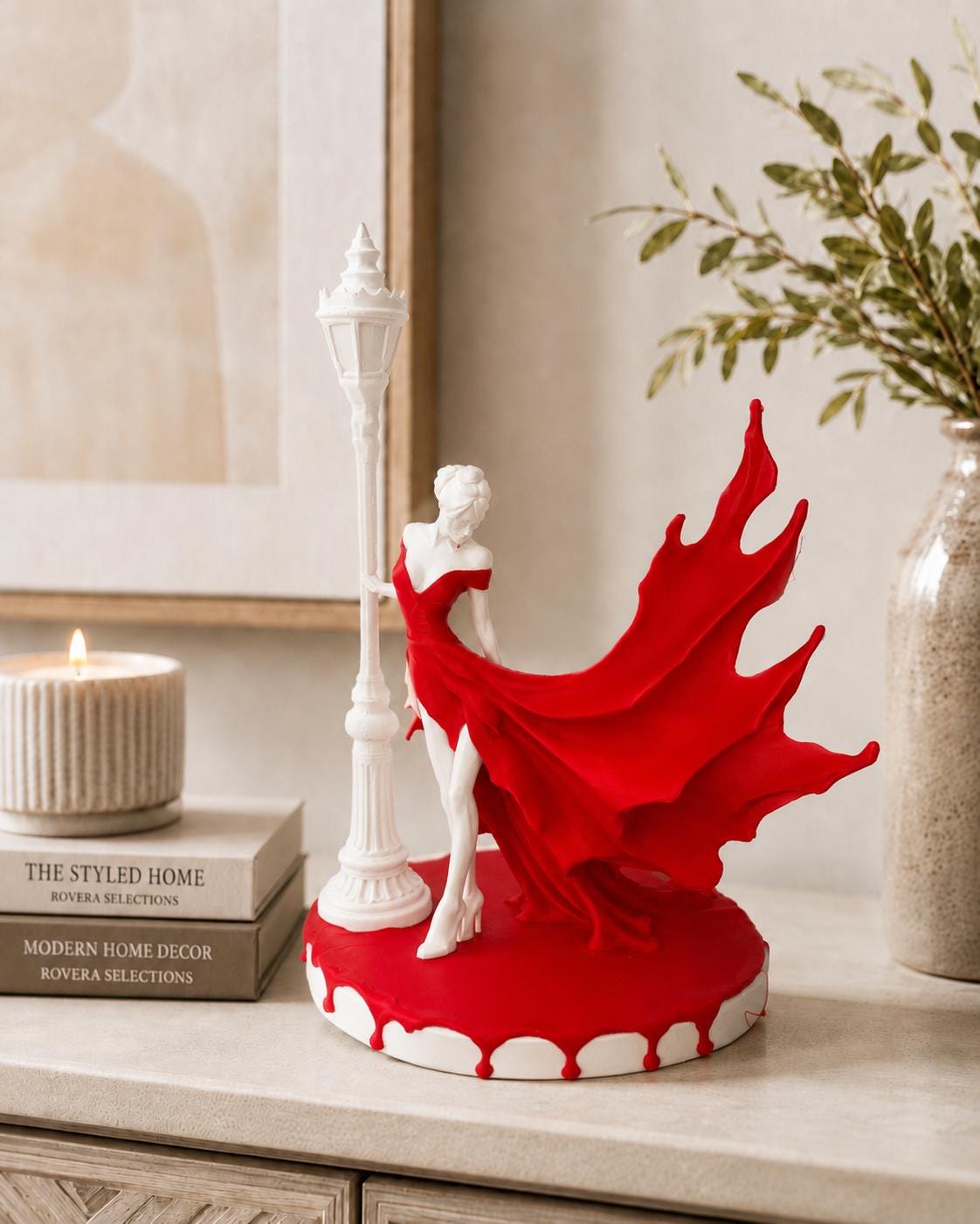 Romantic Lady Statue | Red Dress Woman Figurine | Elegant Home Decor Sculpture