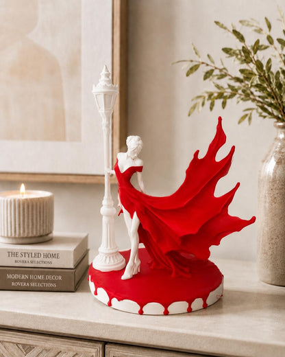 Romantic Lady Statue | Red Dress Woman Figurine | Elegant Home Decor Sculpture