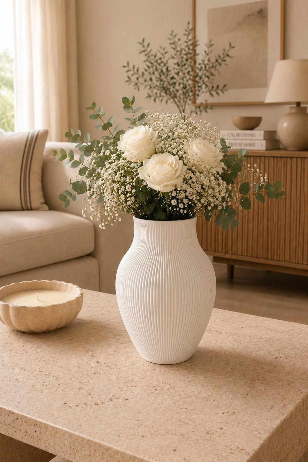 Flower Vase | Ribbed Decorative Vase | Neutral Home Decor | Housewarming Gift