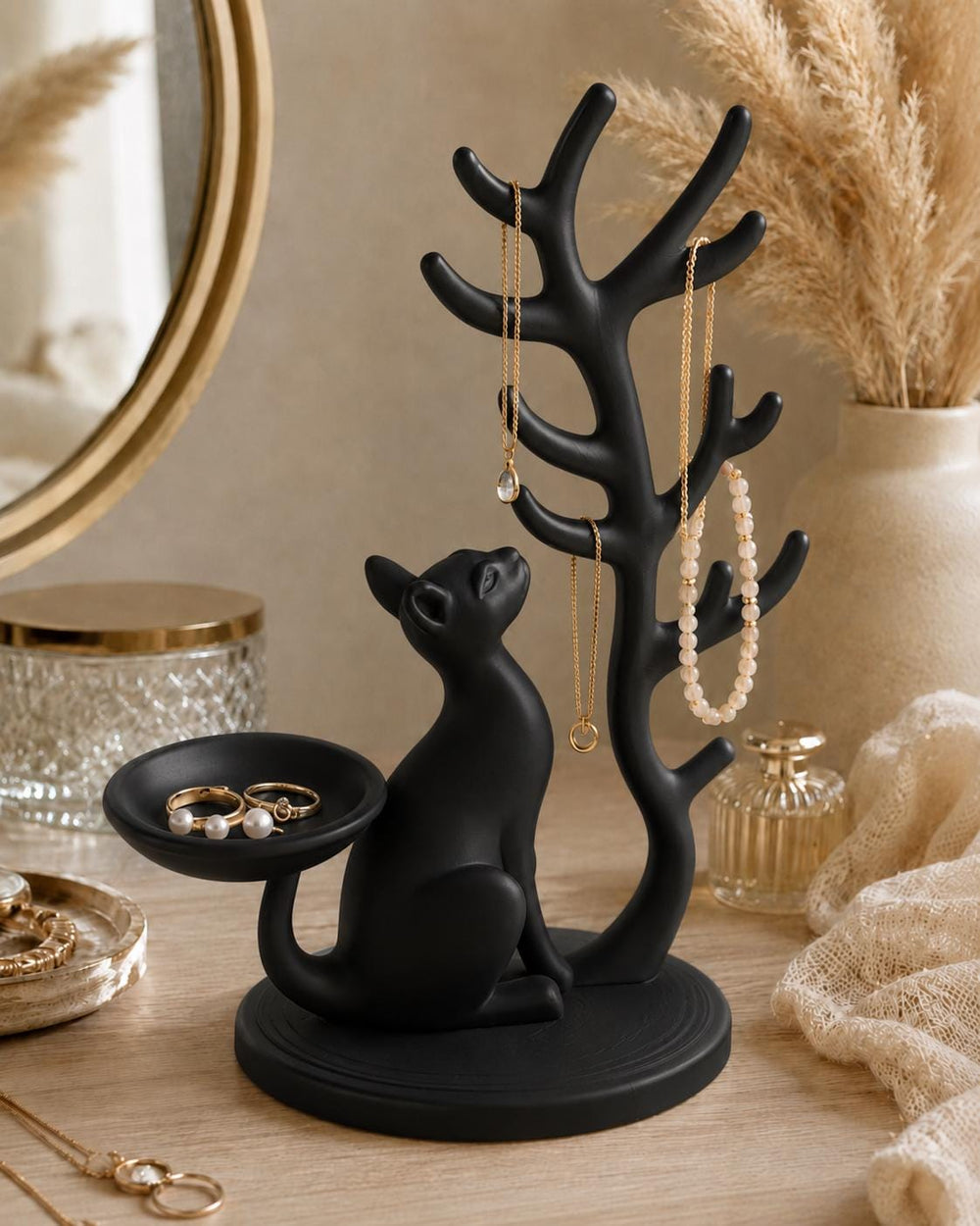 Cat Jewellery Holder with Ring Dish | Necklace and Bracelet Stand | Jewellery Organiser | Cat Lover Bedroom Decor