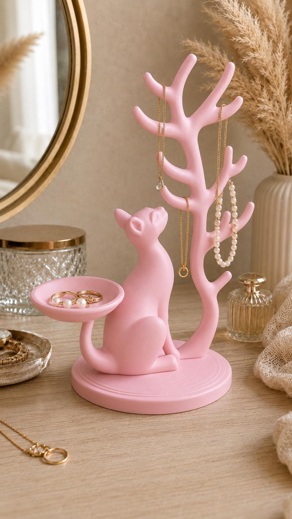 Cat Jewellery Holder with Ring Dish | Necklace and Bracelet Stand | Jewellery Organiser | Cat Lover Bedroom Decor
