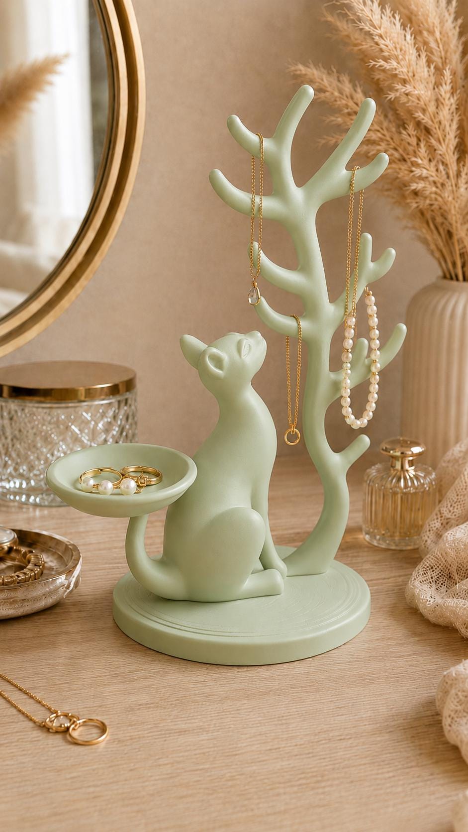 Cat Jewellery Holder with Ring Dish | Necklace and Bracelet Stand | Jewellery Organiser | Cat Lover Bedroom Decor