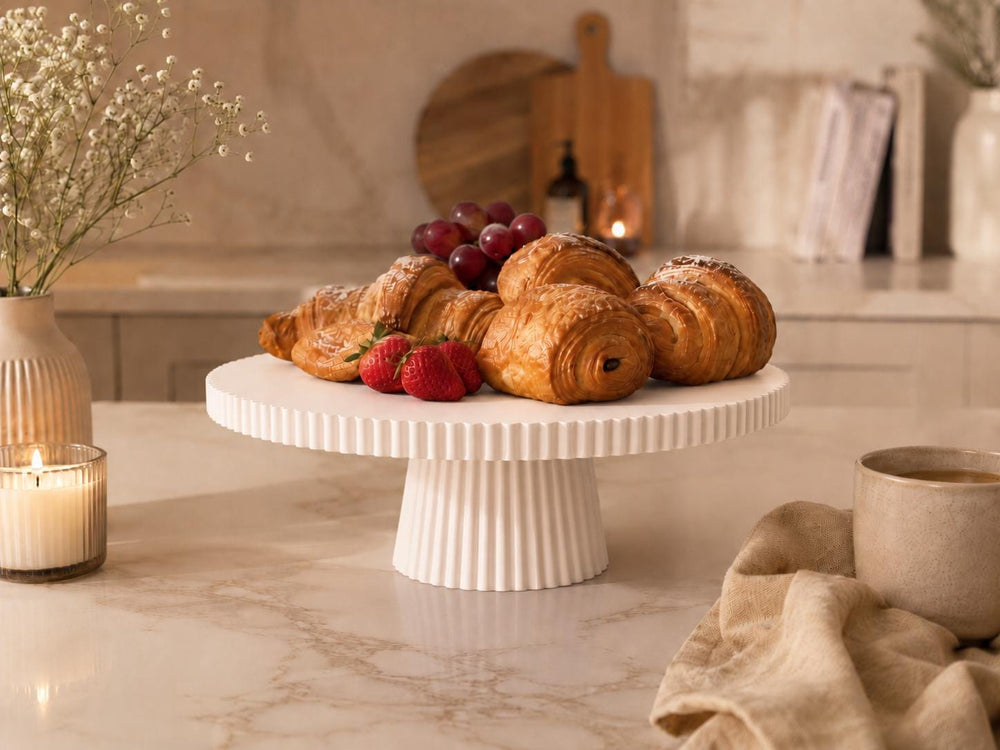 Ribbed Cake Stand | Modern Pedestal Display Tray | Dessert Stand | Kitchen Counter Decor | Serving Platter for Cakes | Fruit & Snacks