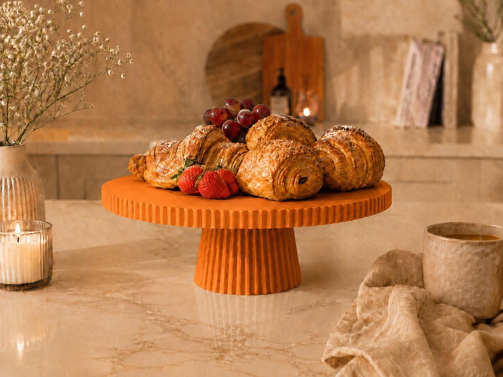 Ribbed Cake Stand | Modern Pedestal Display Tray | Dessert Stand | Kitchen Counter Decor | Serving Platter for Cakes | Fruit & Snacks