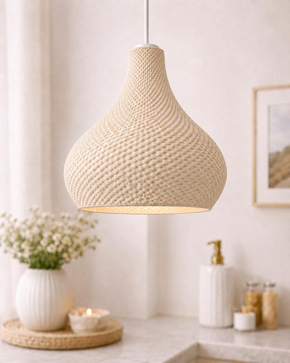 Textured Teardrop Pendant Lampshade | Modern Ceiling Light Shade | Woven Effect Hanging Lamp | Minimalist Home Lighting Decor