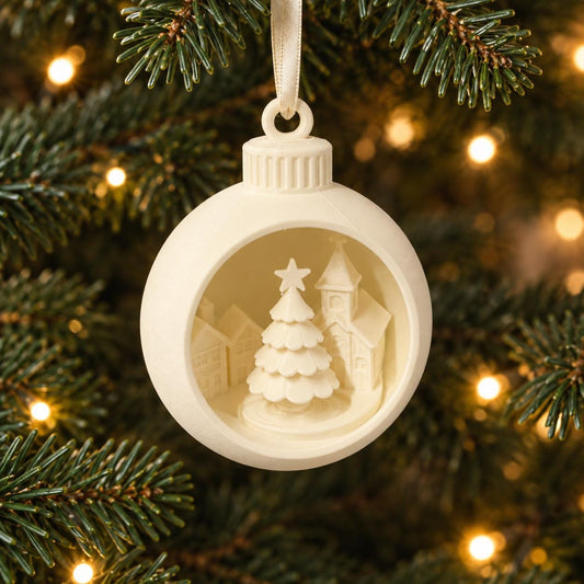 Christmas Village Ornament | Winter Scene Bauble | White Christmas Tree Decor | Neutral Holiday Decoration | Secret Santa Gift