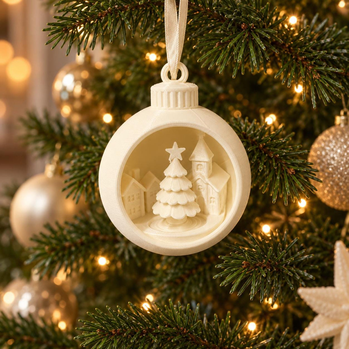 Christmas Village Ornament | Winter Scene Bauble | White Christmas Tree Decor | Neutral Holiday Decoration | Secret Santa Gift
