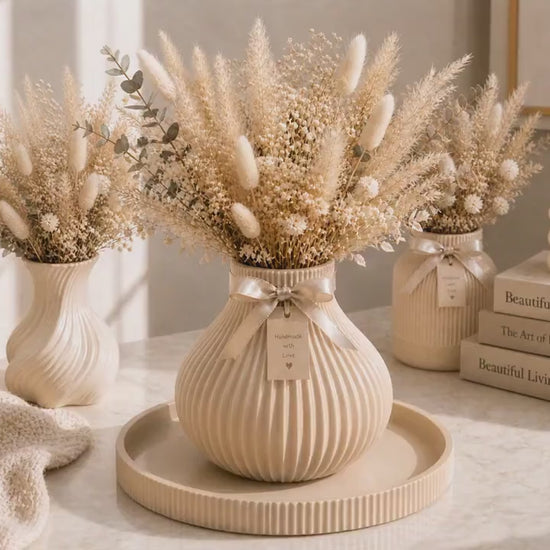Ribbed Vases & Tray Set | Neutral Summer Flower Arrangement | Coffee Table Centrepiece | Minimalist Home Decor Gift