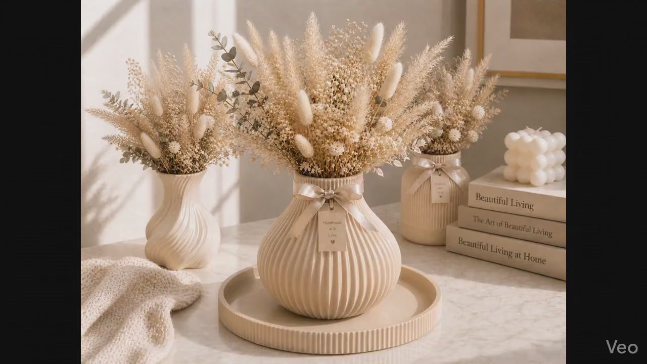 Ribbed Vases & Tray Set | Neutral Summer Flower Arrangement | Coffee Table Centrepiece | Minimalist Home Decor Gift