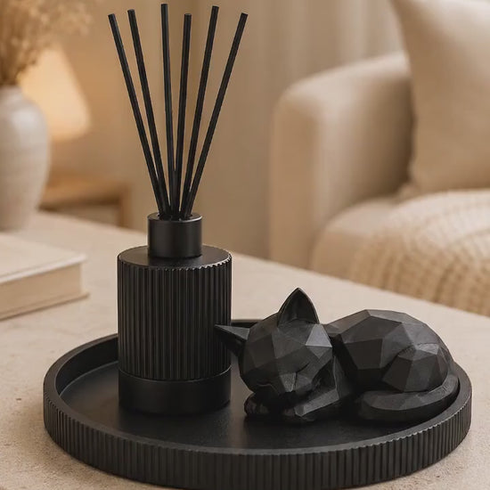 Gift Set Home Decor | Round Decorative Tray, Reed Diffuser & Sleeping Cat Statue | Coffee Table and Gifts