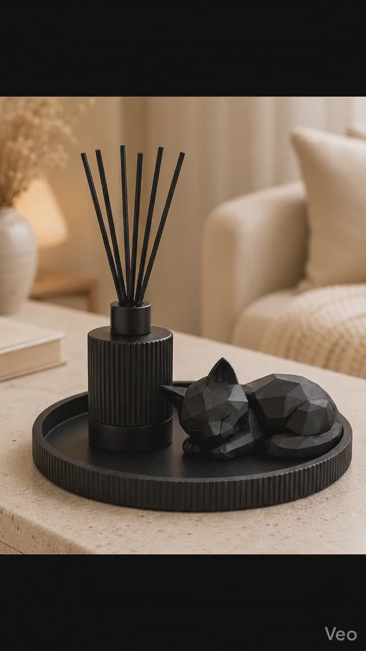 Gift Set Home Decor | Round Decorative Tray, Reed Diffuser & Sleeping Cat Statue | Coffee Table and Gifts