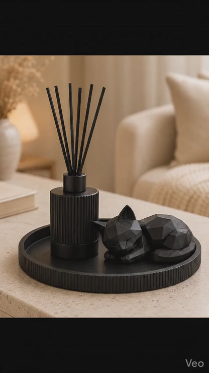 Gift Set Home Decor | Round Decorative Tray, Reed Diffuser & Sleeping Cat Statue | Coffee Table and Gifts