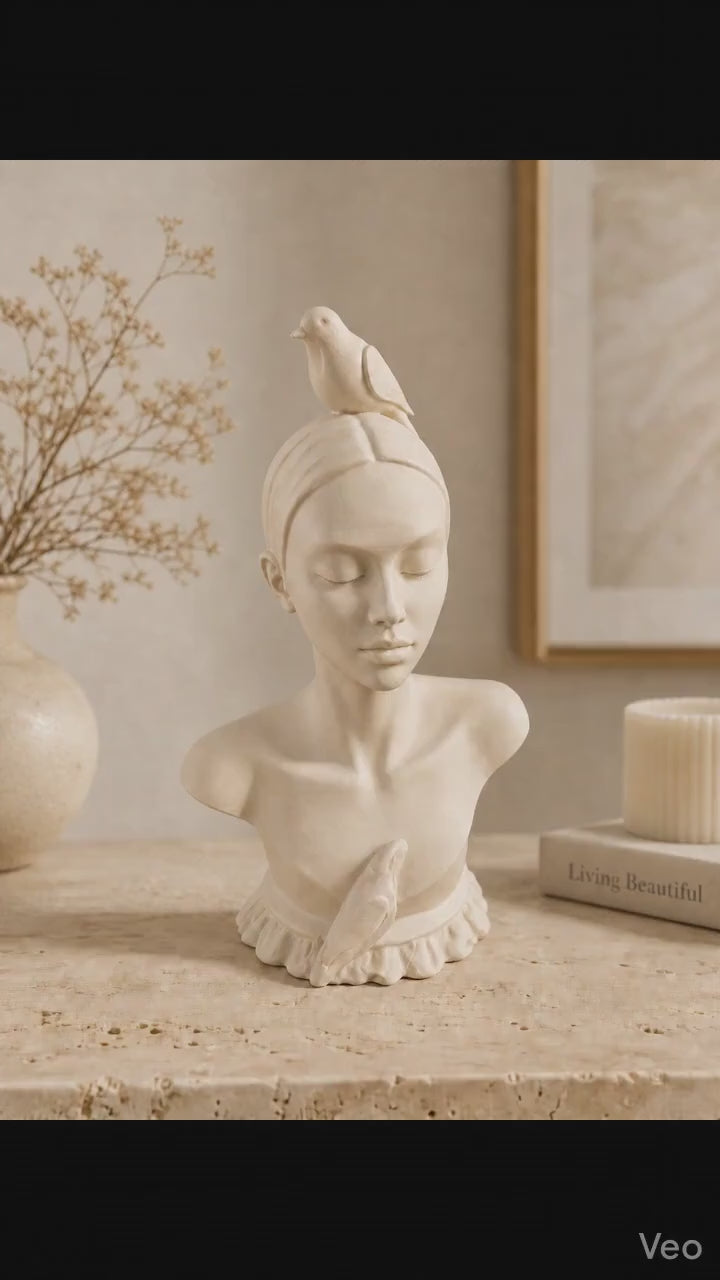 Boho Goddess Female Statue with Bird | Minimalist Woman Sculpture | Feminine and Neutral Home Accent