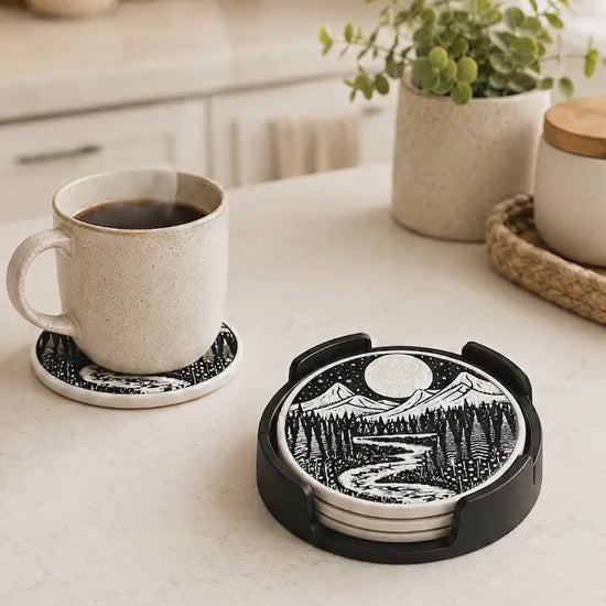 Round Coaster Set with Holder | Mountain Landscape Drink Coasters | Nature Home Decor Gift