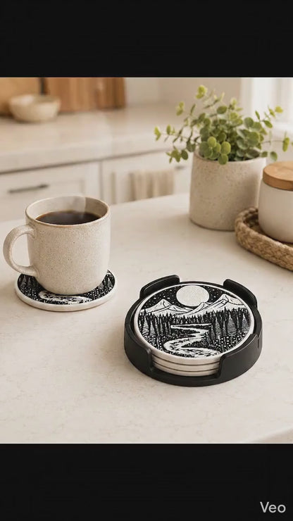 Round Coaster Set with Holder | Mountain Landscape Drink Coasters | Nature Home Decor Gift